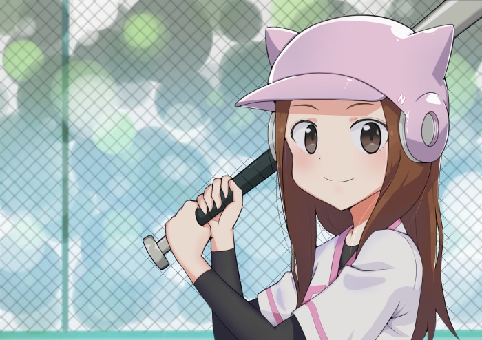 Takagi from Karakai Jouzu No Takagi-san holding a baseball bat