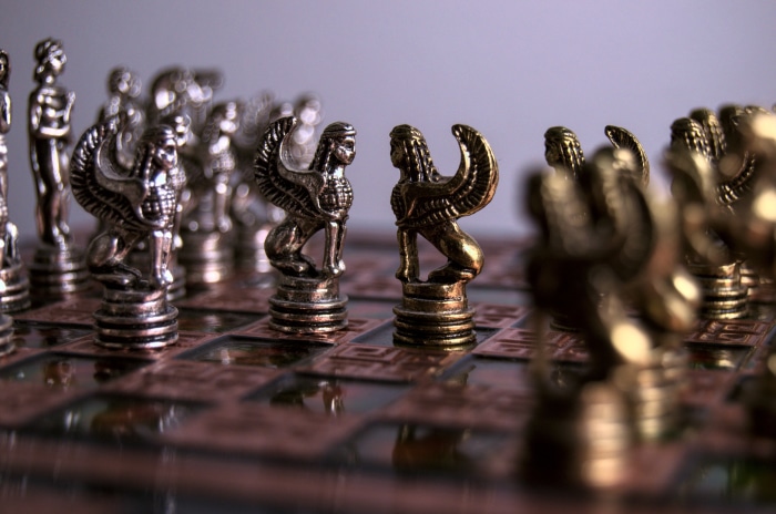 Chess pieces with sphinx figures in 4K