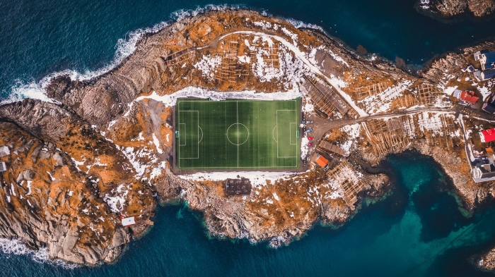 Soccer field on a rocky island in Lofoten