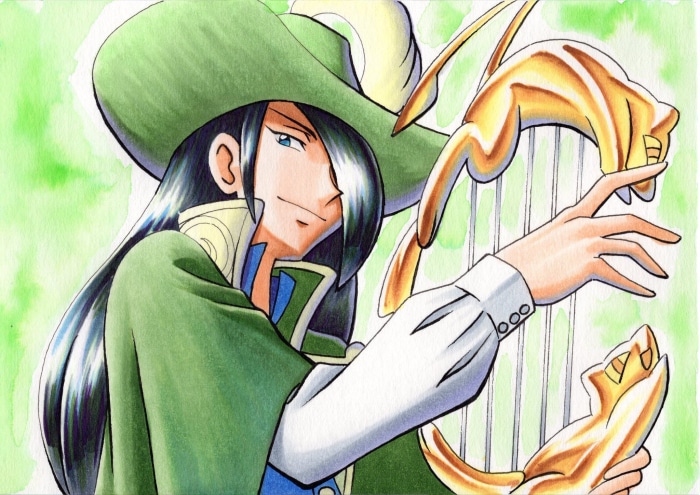 Nando from Pokémon playing a harp