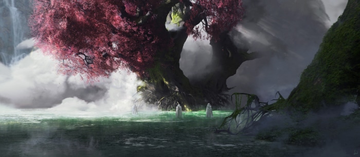 Mystical Grove with Figures by Waterfall