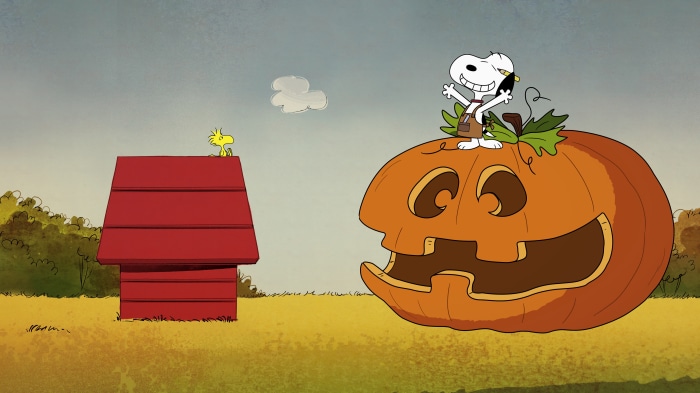 Snoopy and Woodstock from The Snoopy Show on a pumpkin