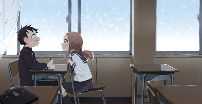 Takagi and Nishikata in a Classroom from Karakai Jouzu No Takagi-san