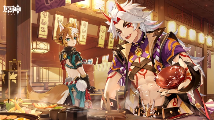 Gorou and Arataki Itto from Genshin Impact at a restaurant