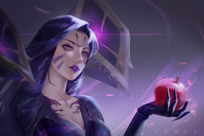 Kai'Sa from League of Legends holding an apple