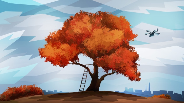 Autumn tree with ladder and drone