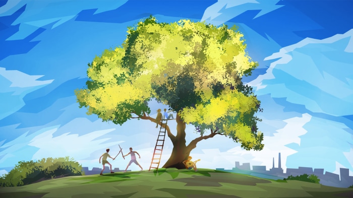 People under a large tree with a city skyline