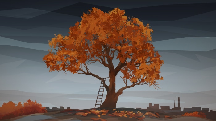 Autumn tree with ladder and industrial background
