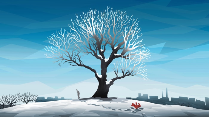 Winter landscape with a lone figure and a red object