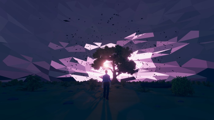 Man walking towards a tree with geometric sky