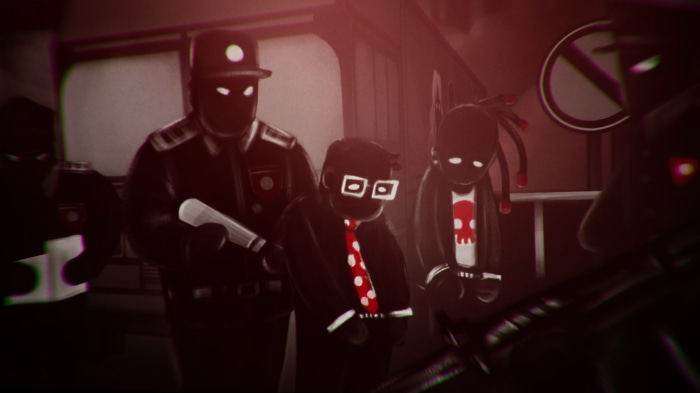 Shadow figures in uniforms and civilian clothes