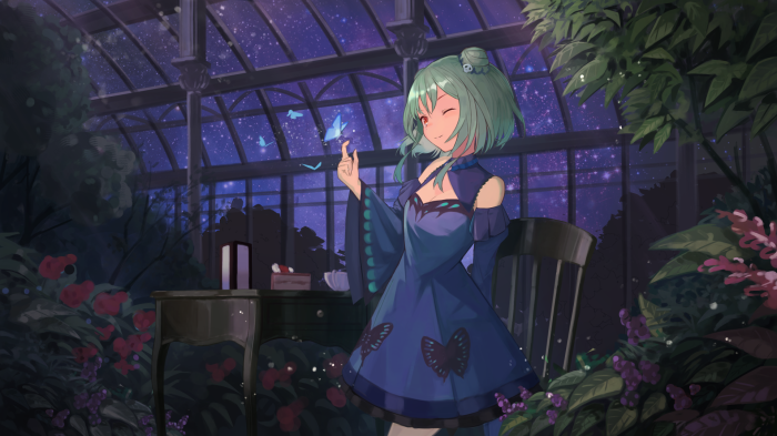 Uruha Rushia from Hololive in a greenhouse at night