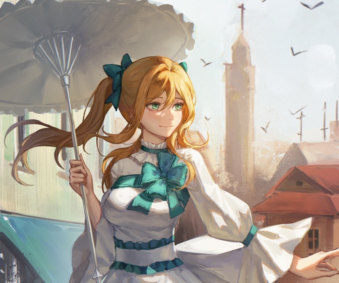 Girl with umbrella in a town
