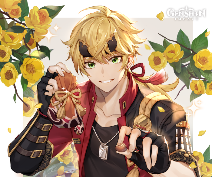 Thoma from Genshin Impact with yellow flowers