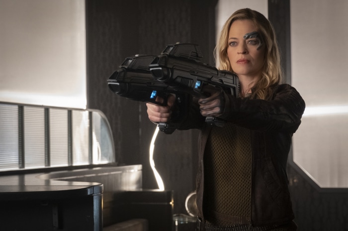 Seven of Nine from Star Trek: Picard holding a weapon