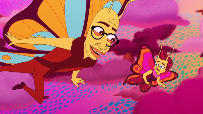 Two butterfly-like characters flying in a colorful sky