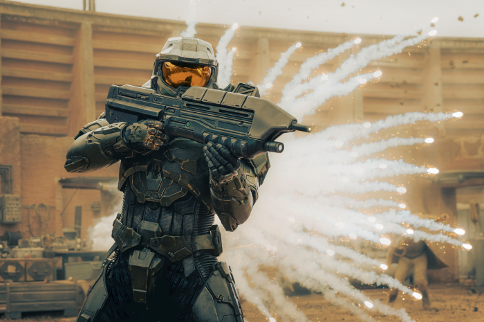 Master Chief from Halo firing a weapon