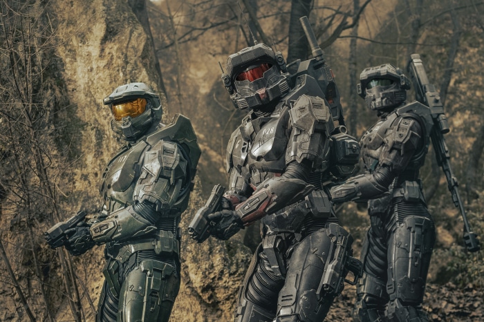 Three Spartans from Halo in a forest