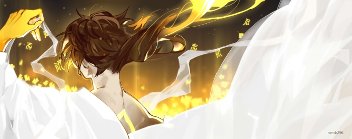 Zhongli from Genshin Impact with flowing fabric