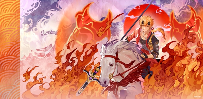 Thoma from Genshin Impact riding a horse
