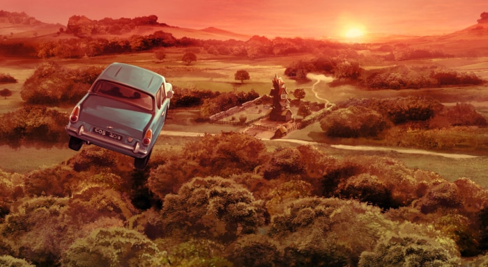 Ford Anglia 100E flying over the Burrow by Atomhawk