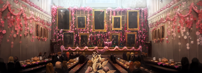 Gilderoy Lockhart in the Great Hall decorated for Valentine's Day