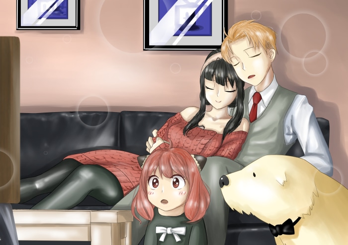 Spy X Family: Yor, Loid, Anya, and Bond relaxing