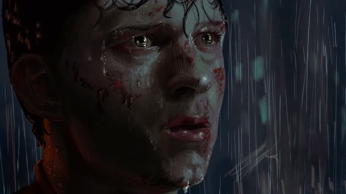 Tom Holland as Spider-Man in the rain