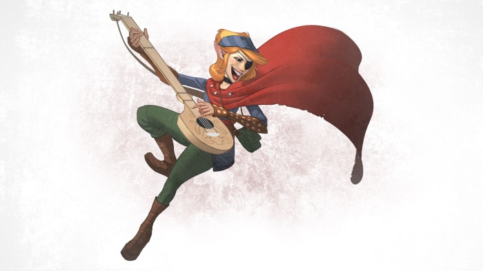 Calliope playing a lute with a red cape