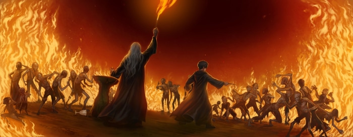 Harry Potter and Albus Dumbledore retrieving the Locket