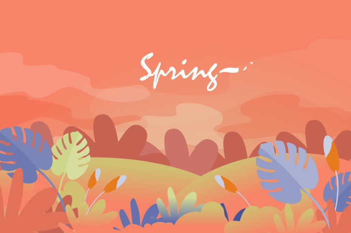 Spring illustration with colorful plants and sky