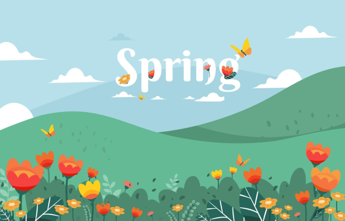 Spring landscape with flowers and butterflies