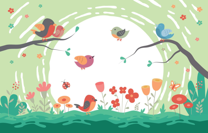 Artistic Spring Scene with Birds and Flowers