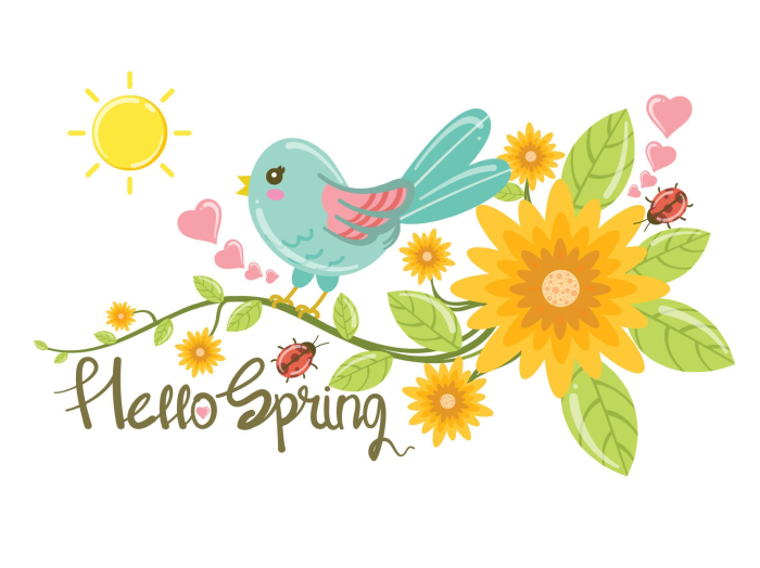 Cute bird and flowers with "Hello Spring" text