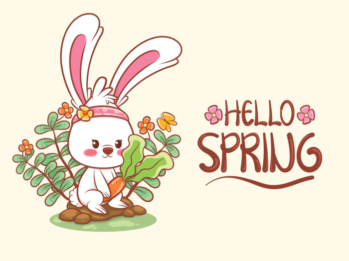 Cute Bunny with Carrot and "Hello Spring" Text