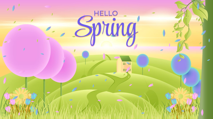 Hello Spring landscape with trees and house