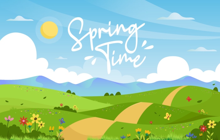 Spring Time Landscape with Flowers and Butterflies