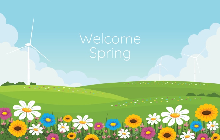 Welcome Spring illustration with windmills and flowers