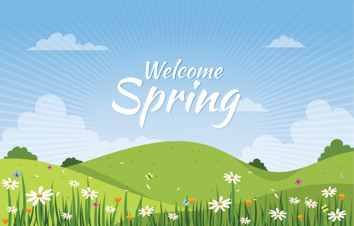 Welcome Spring illustration with rolling hills and flowers