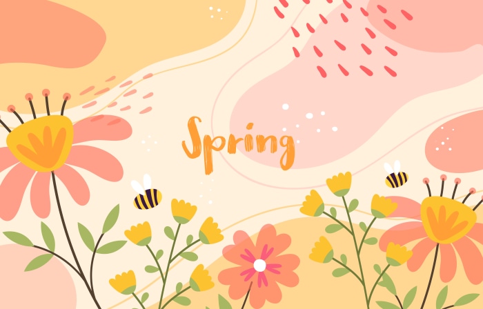 Spring illustration with flowers and bees