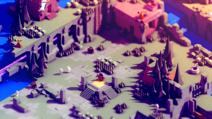 Tunic isometric view with characters and structures