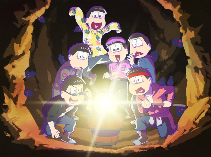 Osomatsu-san characters in a cave with a glowing object