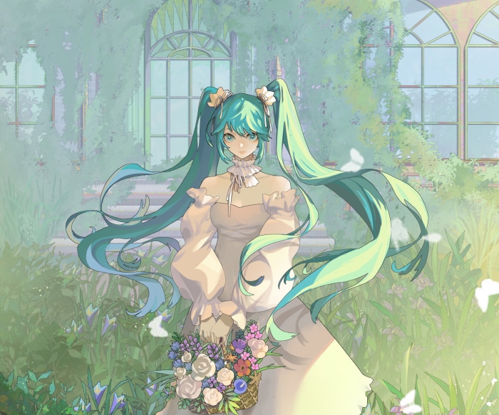 Hatsune Miku in a garden with butterflies