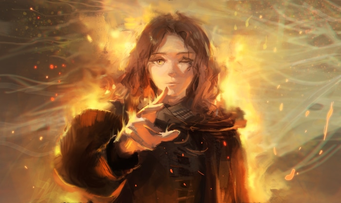 Melina from Elden Ring in flames