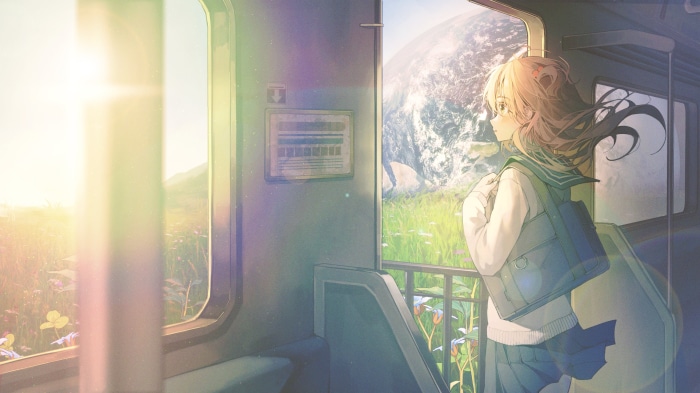 Girl looking out train window at Earth