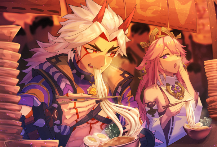 Arataki Itto and Yae Miko eating ramen