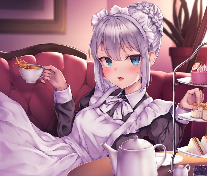 Maid girl drinking tea with pastries