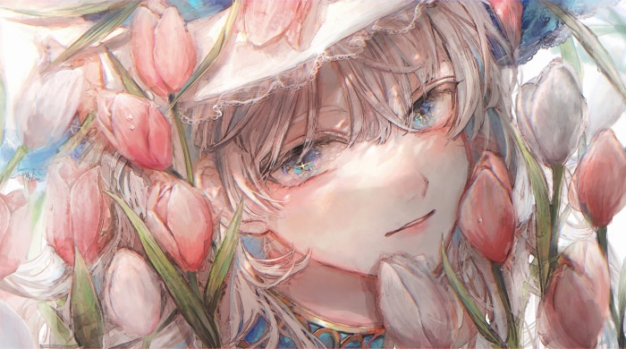 Girl surrounded by tulips 4K