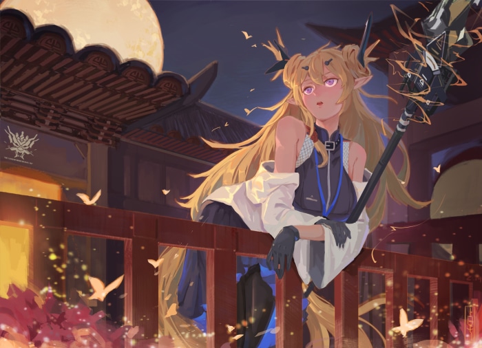 Leizi from Arknights by a moonlit temple