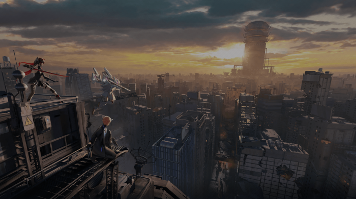 Punishing: Gray Raven characters on a rooftop overlooking a ruined city